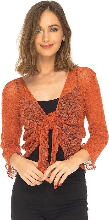 Women's Bolero Crochet Cardigan Popcorn Plain Extended Fishnet Shrug